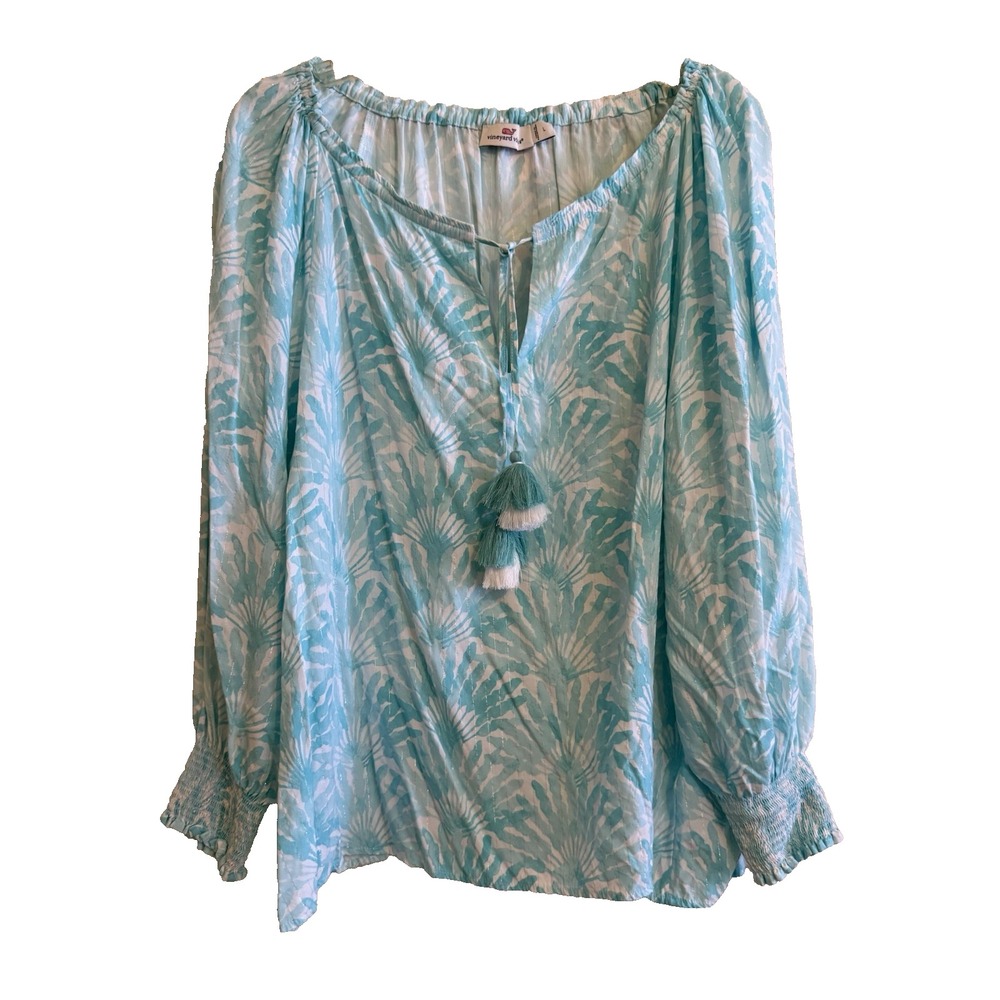 Vineyard Vines Womens Sz Lg Light Blue Palm Leaves Pop Over Blouse Tassels